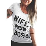 iHENGH Damen Top Bluse Bequem Lässig Mode T-Shirt Frühling Sommer Blusen Frauen Wife MOM BOSS Brief drucken Kurzarm Tops Tee(Weiß, 3XL)