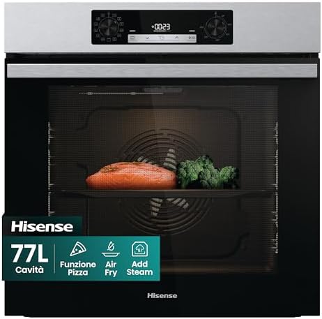 Hisense O65226AXS Forno Elettrico da Incasso Multifunzione con Vapore, Cavità 77 litri, 11 Funzioni di Cottura, Pizza 300°C, AirFry, Steam Clean, Preriscaldamento Rapido, Classe A, Inox Anti-impronta