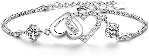 Joyfulshine Women Heart Bracelet 925 Sterling Silver White Crystal Double Heart Bracelet for Ladies