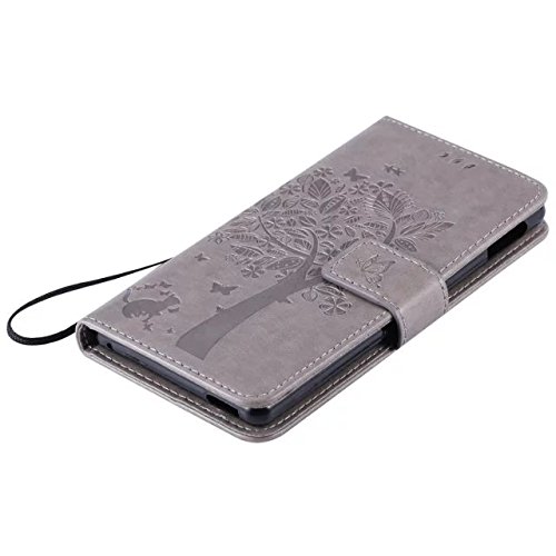 Cozy Hut [New Style] Sony Xperia M4 Aqua Hülle in Katze und Baum muster seitlich aufklappbare Schutzhülle / integrierte Kartenfächer / Klapptasche Etui Wallet Stil Handy Tasche – grau - 5