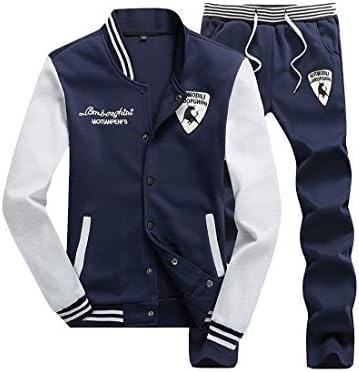 Mens Cardigan Long Sleeve Stand Collar Tracksuit Jogging Gym Suit 2 Pieces Sets Blue XXL