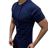 Yvelands Herren Mode Männer T-Shirts Kurzarm Lässige Kordelzug Falten Slim Fit Tasche Solid Tops Bluse(Blau,CN-S)