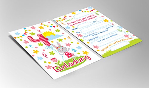 12 Einladungskarten zum 4. Kindergeburtstag für Mädchen / bunte Einladungen zum Geburtstag für Mädchen „Süße Tierchen / Süße Hase“ - 3
