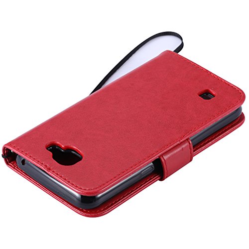 LG K4 Hülle Rote im Retro Wallet Design,Cozy Hut LG K4 Hülle Leadertasche Premium Lederhülle Flip Case im Bookstyle Folio Cover Kartenfächer Magnetverschluss und Standfunktion Leder Schale Etui für LG K4 (4,5 Zoll) Handytasche Schutzhülle Katzen und Bäume Muster – Rote - 4