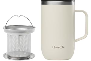 QWETCH - Mug Isotherme Inox Recyclé avec Anse & Filtre Infuseur Sable - Tisanière Isotherme 470ml - Thermo Café & Thé - 6h Chaud & 12h Froid - Bouchon Coulissant Anti-Éclaboussures