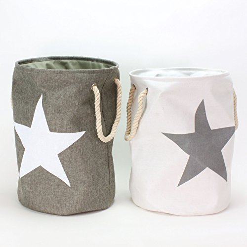 2er Set Wäschesäcke Wäschekörbe „Star“ Sterne im Vintage Look Grau & Weiß - 2