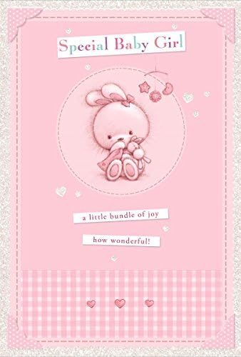 Birth Of Baby Girl Greetings Card - Rocking Horse Flowers and Glitter 7.75x5.25"