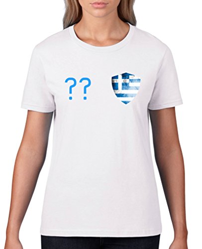 Comedy Shirts – Griechenland Trikot – Wappen: Klein – Wunsch – Damen T-Shirt – Weiss / Blau Gr. XL