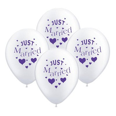 10 Hochzeitsballons "Just Married" weiß mit lila Schrift - Durchmesser 28 cm