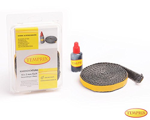 Temprix Kamindichtung 18 x 2 mm – 3 Meter inkl. Kleber (18 x 2 mm – 3 Meter (Topseller)) – feuerfeste Ofenschnur bis 650°C temperaturbeständig. - 3