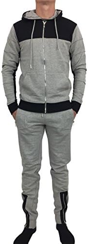 King Kouture Mens Skinny Fit Colour Block Zip Biker Tracksuit Grey Large
