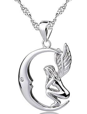 Damen Schmuck Sterling Silber Engel Mond Halsketten Einlege Zirkonia Anhänger Weiß Vergoldet Ketten