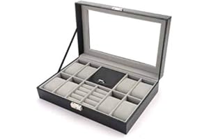 MAESTRORELOJERO MR Maestro Relojero - Vitrina para Guardar 8 Relojes, Gemelos y Joyas | Piel sintética e Interior Aterciopelado Grey | Ideal para Organización de Joyas y Relojes, Muy Practico, Estupendo para Regalo