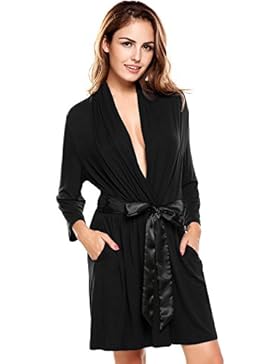 ADOME Damen Morgenmantel V-Ausschnitt Baumwolle Langarm Bademantel mit Satin Gürtel Nachthemd Schwarz/Grau/Lila...