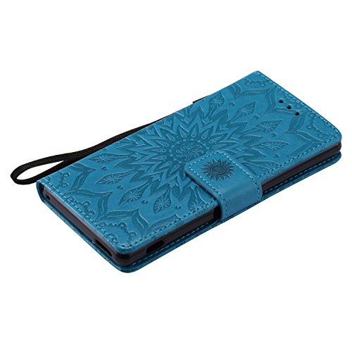 Sony Xperia M4 Hülle,Sony Xperia M4 Leder Sonnenblumen Hülle,Sony Xperia M4 Lanyard Wallet Schutzhülle,BONROY® Retro geprägte Sonnenblumen Muster PU Leder Flip Hülle Wallet Case Tasche Cover Handytasche Schutzhülle Lederhülle Handyhülle in Book Style Stand Case mit Kredit Kartenschlitz für Sony Xperia M4-blau - 3