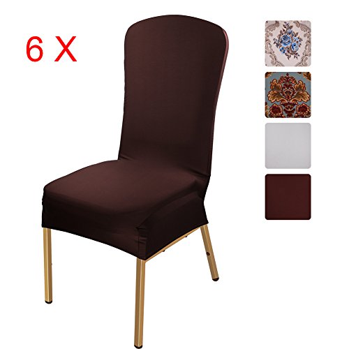 Stuhl Husse ISWEES 6 Stück Universell Stuhlhussen Stretch Stuhl Husse Stuhlbezug Stuhlüberzu,Gedruckt Baumwolle (Dunkelbraun)