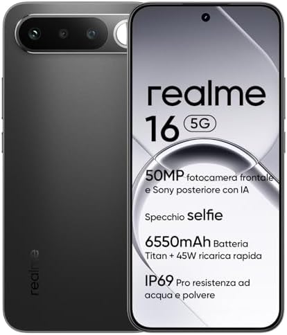Smartphone realme 16 5G, 6GB+256GB, Display AMOLED 120Hz 6,57", Batteria 6550mAh, Fotocamera 50MP Sony IMX852, IP69Pro, Ricarica rapida 45W, Dual SIM, NEXTAi, Nero (Senza adattatore)