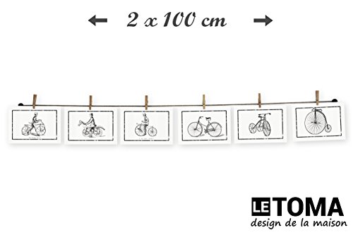 LeTOMA – 2er Set – Fotoseil mit Klammern für kreative und schöne Dekoration – Schnelle und leichte Befestigung an jeder Wand – 2×100 cm Fotoleine aus Naturhanf und 2×8 rustikale Holzklammern rücken Fotos und Postkarten in das richtige Licht - 2