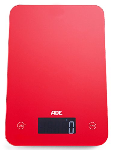 ADEKE927 Molly Digital Kitchen Scale. Elegant Design. Surface made of tempered safety glass. Weigh up to 5kg. LCD Display. Measure liquid volume. Red