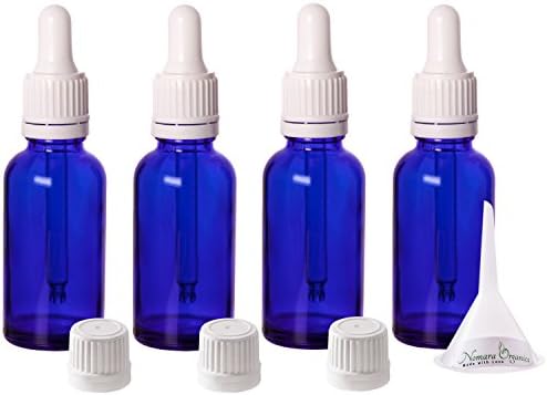 Premium 30ml Glass Leak Proof Dropper Bottles by Nomara Organics - Pack of 4 in Cobalt Blue Glass with Glass Pipette Droppers + BPA- Free Transfer Funnel &amp; 3 x Leak proof Caps.