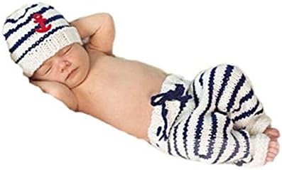 Newborn Baby Photography Prop Crochet Sailor Striped Anchor Hat Pants White