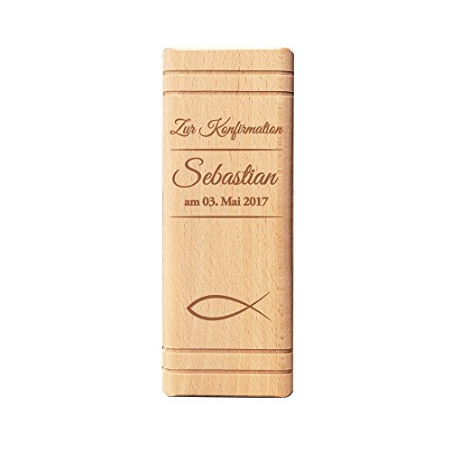 Spardose in Bibel Buch Optik aus Holz – mit Gravur zur Konfirmation – Personalisiert mit Namen und Datum – Motiv Fisch – Sparbüchse aus Birkenholz als Geschenkidee – Sparschwein als Konfirmationsgeschenk - 4