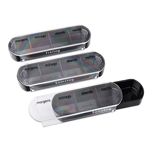 S/O® Tablettenbox schwarz mit schwarzen Schiebern 7 Tage Pillen Tabletten Box Schachtel Tablettendose Pillendose Pillenbox Tablettenboxen Pillendosen Pillen Dose Wochendosierer - 2