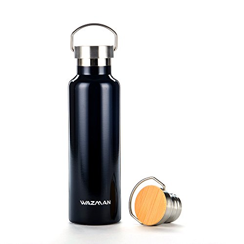 WAZMAN Stainless Steel Vacuum Insulated Sports Water Bottle, Standard Mouth,Double Wall Design, Eco Friendly & BPA Free - For outdoor, Camping, Running, Cycling- with 2 Exchangeable Caps (Black)