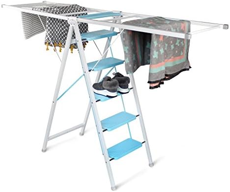 Todeco - Laundry Ladder, Multifunctional Household Ladder - Unfolded size: 188 x 105 x 50 cm (74 x 41.3 x 19.6 inch) - Folded size: 134 x 53 x 13 cm (52.7 x 20.8 x 5.1 inch) - 5 Tier, 188 x 123 x 50 cm (74 x 48.2 x 19.6 inch), White/Blue