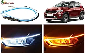 Selifaur - 2PCS 24Inch Ultrafine Waterproof Car DRL LED Daytime Running Lights White Turn Signal Yellow Guide Strip Headlight Assembly for Kia Sonet