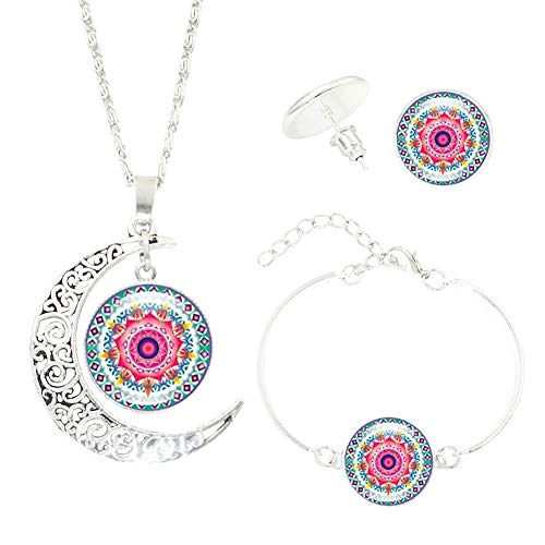 Scrox 3pcs Juego de Joyas Mujeres Conjunto Plata Moda Joyería Boho Collar Flor de Mandala Cristales Medio Mes Colgante Hueco Rhinestone Pulsera Anillo Pendientes (Rosa)