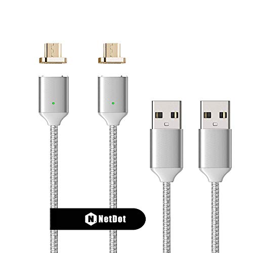 NetDot 2 Pack 2nd Generation 1m / 3.3ft Nylon Bradied USB2.0 Cable magnético de Carga rápida USB Micro con indicador LED Compatible con Dispositivo Android (1M / 2 Pack Silver)