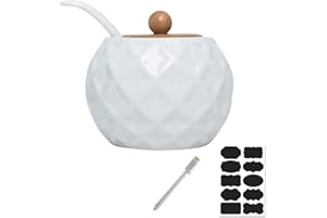Rummyluck Céramique Sucrier Bols Bocaux d'Épices avec Cuillère & Couvercle en Bambou pour Servez le Sucre, Poivre, Épices, etc (12 * 8.5 * 10.5 CM, 500ML)