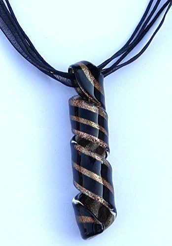 Swirly Twirly Gold and Black Stripped Whistle Shaped Glass Pendant on a Black Mulistrand Necklace - Comes Boxed