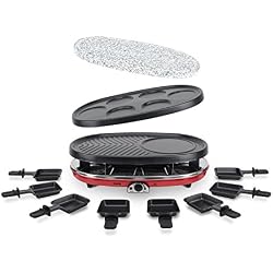 H.Koenig Appareil à Raclette 4en1 Multifonctions 8 personnes Professionnel RP418, Pierre naturelle, 6 mini crêpes pancakes, Grill, Raclette fromage fondue, Température réglable, 8 poêlons antiadhésifs