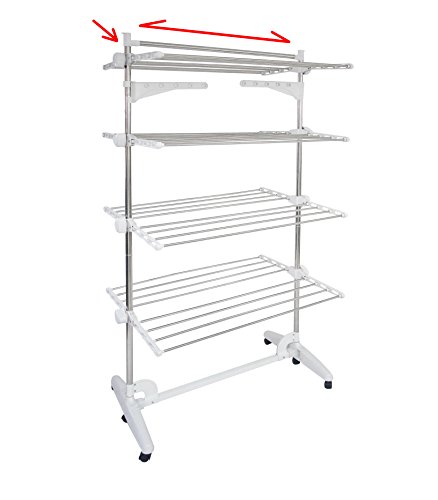 Wäscheständer – Wäscheturm mit 4 verstellbaren Ebenen und extra Stangen zum Trocknen von Bettlaken – 147 x 87 x 64 cm – silber - 3