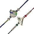eCraftIndia Set of 2 Multicolor Religious Om Symbol and Peacock Designer Rakhis with Roli Chawal Pack and Happy Rakhi Wooden Cutout - Rakhi for Brother, Bhaiya, Bhai
