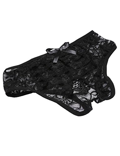 Pagacat Culotte Femmes Sexy Taille Basse Florale Dentelle Sous Vêtement String Ouvert Entrejambe, Noir, 3XL
