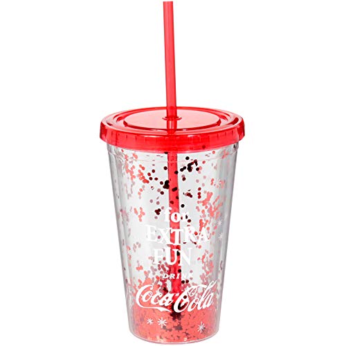 Coca-Cola Coke 38-2C-010 Verre hermétique Coca Avec couvercle et paille Transparent rouge et paillettes  D10 x H16 cm