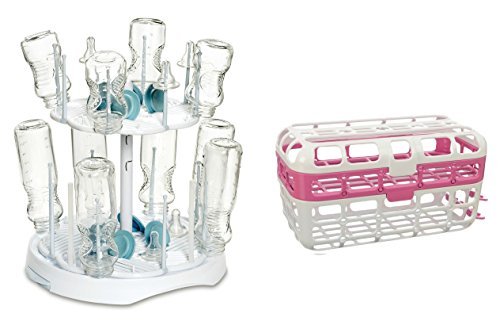 Munchkin High Capacity Drying Rack and Dishwasher Basket Set, Pink