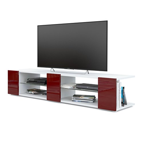 Vladon Meuble TV Armoire Basse Movie V2, Corps en Blanc Mat/Façades en Bordeaux Haute Brillance