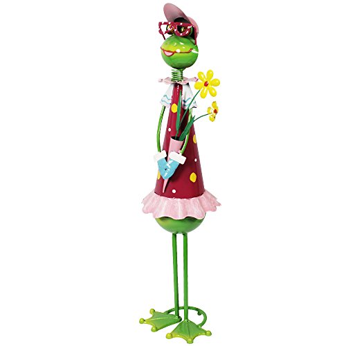 COM-FOUR® Dekofigur „Froschdame mit Blumen“, Gartenfigur aus bunt lackiertem Metall im Frosch-Design, ca. 59×16,5×16,5cm - 3