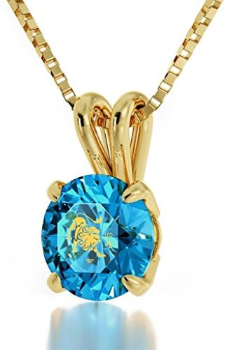 14ct Yellow Gold Zodiac Pendant Leo Necklace 24ct Gold inscribed on Blue Crystal, 18" Gold Filled Chain