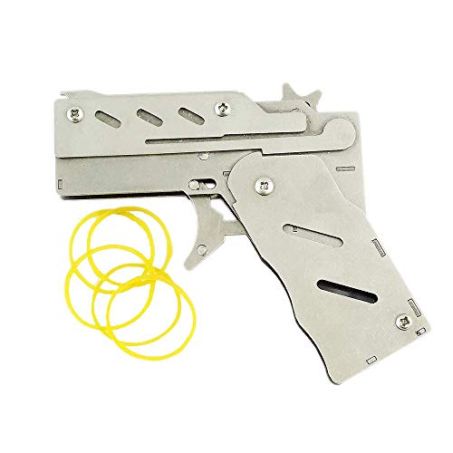 Zhou-long Classic Plegable 6 ráfagas de Acero Inoxidable Banda de Goma Pistola Semi-automático portátil Juguete con 100 Piezas Banda de Goma (Plata)