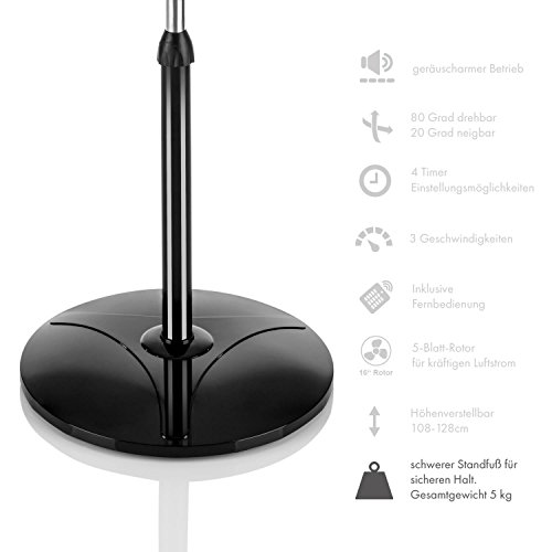 Klarstein Summerjam • Ventilator • Standventilator • mit Fernbedienung • leise • 5-Blatt-Rotor • 16″ (41cm) Durchmesser • Zuschaltbare 80°-Oszillation • energiesparend • 50 Watt • 3 Geschwindigkeiten • 4 Timer-Einstellungsmöglichkeiten • stabiler Fuß • schwarz - 6