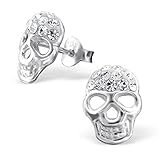 ♥ Niedliche Toten-kopf Deko Ohrstecker mit 22 funkelden Kristallen für Damen, Maedchen oder Kinder aus 925 STERLING SILBER.
