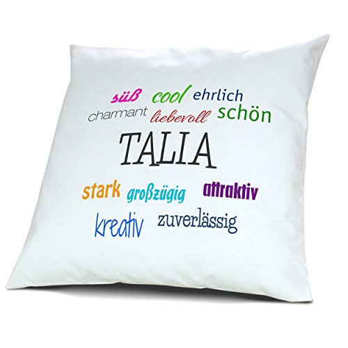 Kopfkissen mit Namen Talia - Motiv Positive Eigenschaften, 40 cm, 100% Baumwolle, Kuschelkissen, Liebeskissen, Namenskissen, Geschenkidee, Deko
