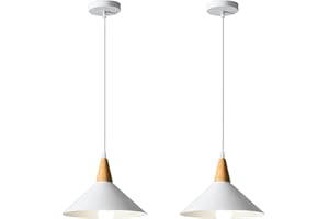 LIGKIN 2 Piezas Lámpara Colgante Industrial Moderna Ø25cm Pantalla Metal Madera Lámpara de Techo Retro E27 Iluminación para Cocina Comedor Cafetería, Blanco