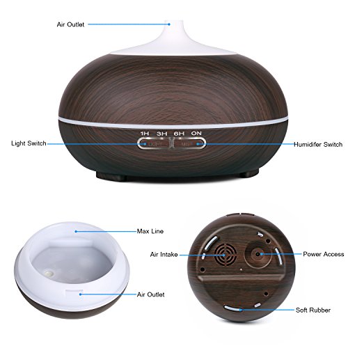 Aroma Diffuser, YIPIN 300ml LED Luftbefeuchter Ultraschall Aroma Diffusor ätherisches Öl Diffuser fürs Auto, Wohnzimmer, Schlafzimmer, Büro und Yoga, Spa (Dunkles Holz) - 3