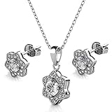 Silber-Kette Anhänger und Ohrringe Schmuck-Set (auch einzeln) | Mit Swarovski Steinen | 925 Sterling Silber | Vergoldet mit 18K Weißgold | Princess (Set)